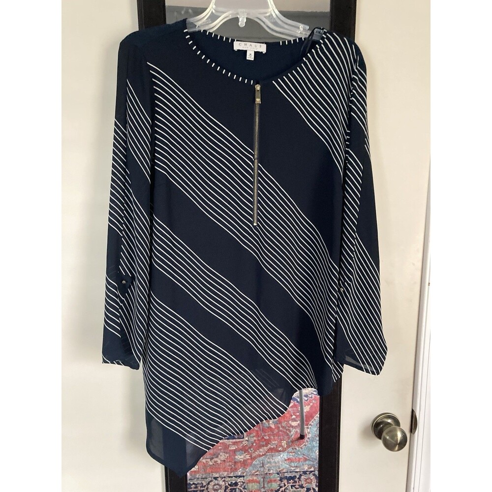 Chaus NY Top Medium Black White Striped Asymmetrical Front Zip Good Condition - Picture 2 of 16